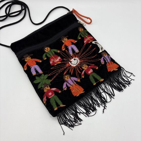 Vintage Embroidered Peruvian Crossbody Cloth Purse Smiling Kids Sun Black Fringe - Picture 1 of 10